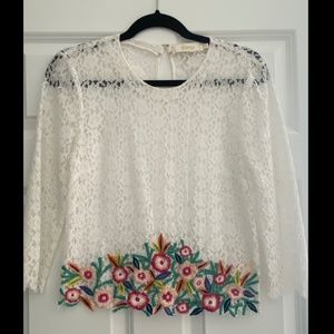 Candela White Lace Top with Floral Embroidery Size S